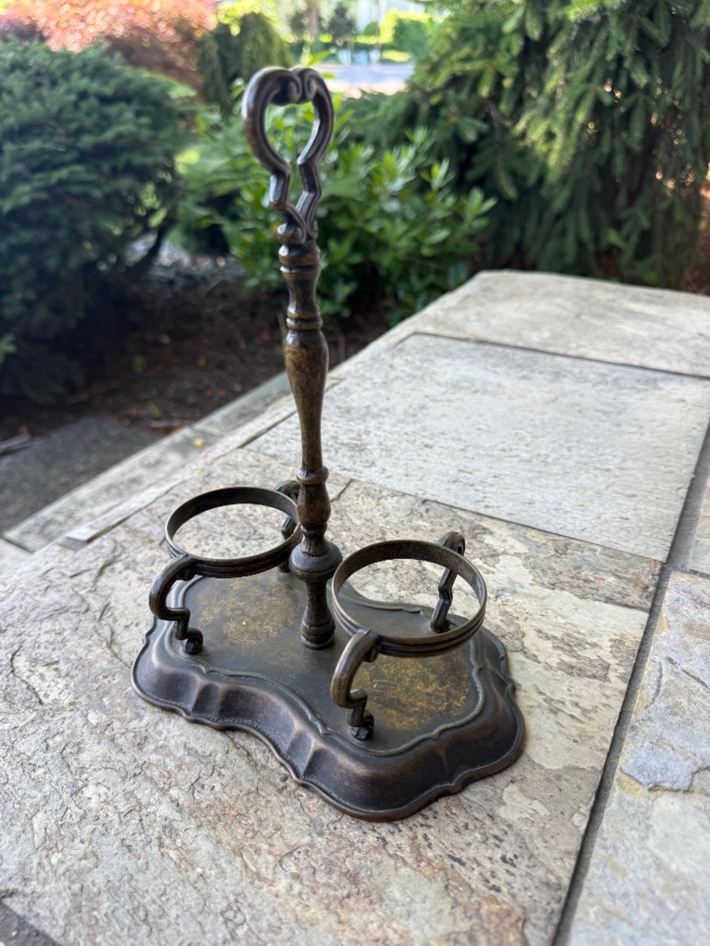 Vintage Condiment Caddy Cruet Antiqued Victorian Style Holder For Two Italy 9.5”